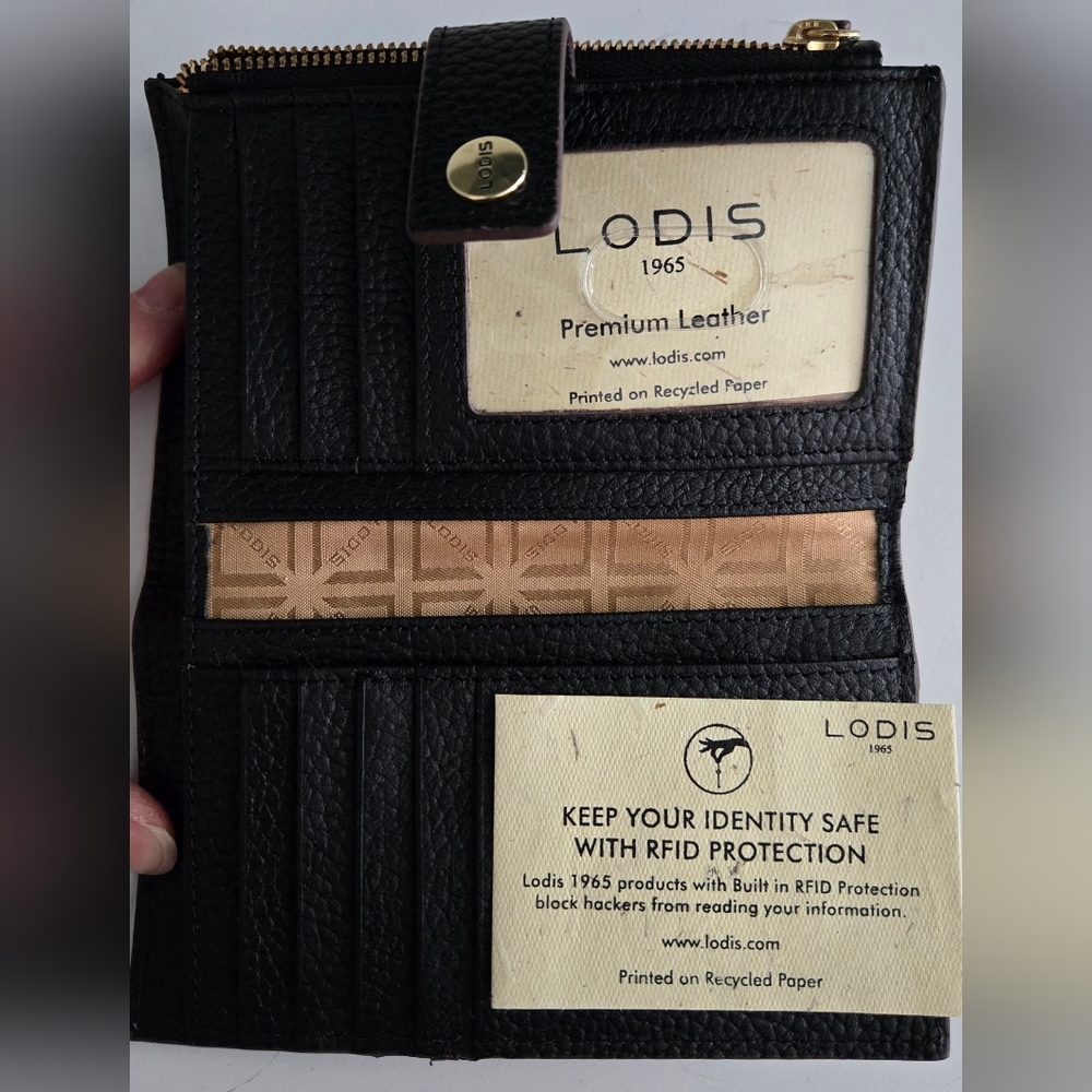 Lodis Black Pebble Leather Wallet RFID Zip Around Bifold Card Holder Classic - Picture 4 of 11